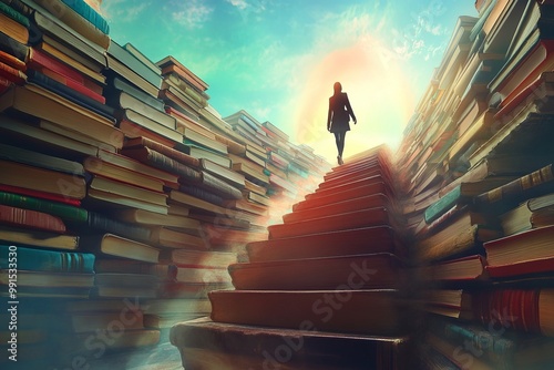 An artistic scene depicting a man climbing a ladder composed entirely of stacked books leading to a bright, open horizon. The concept of learning, education and self-improvement