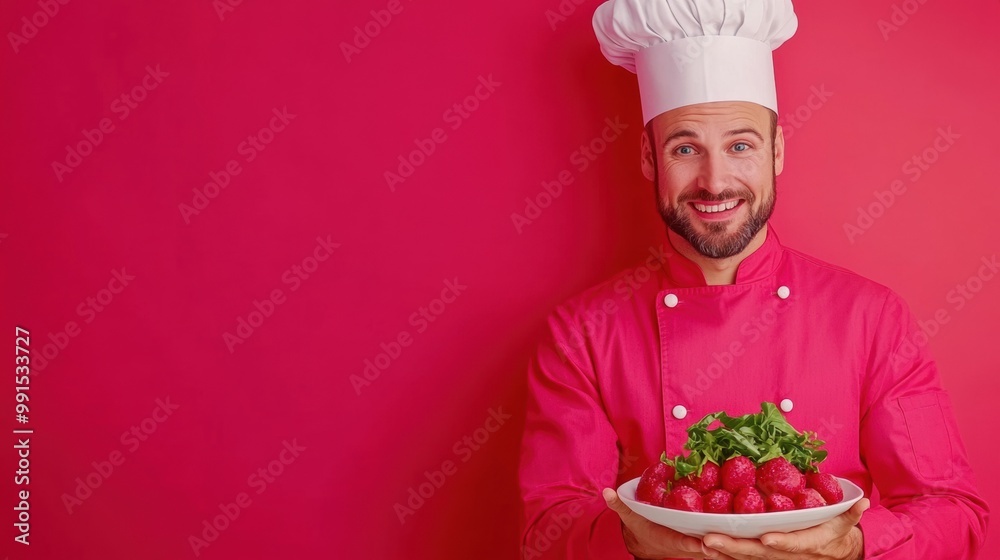 A man in chef's uniform holding a bowl of strawberries, AI A man in chef's uniform holding a bowl of strawberries, AI