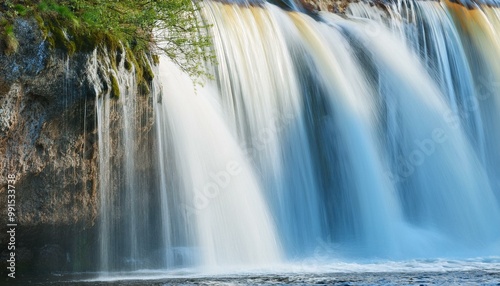 Keila waterfall texture, Estonia. Close-up, long exposure. Blue and white water splashes. Abstract natural pattern. Environmental conservation, travel destinations, graphic resource. Panoramic image