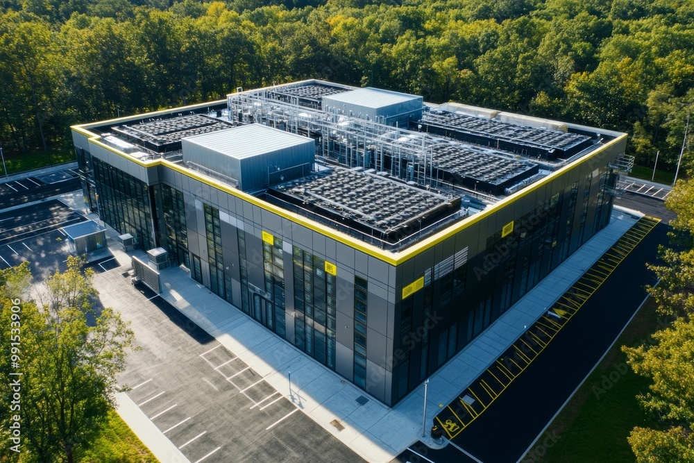 High-resolution drone view of a modern data center in a forested area