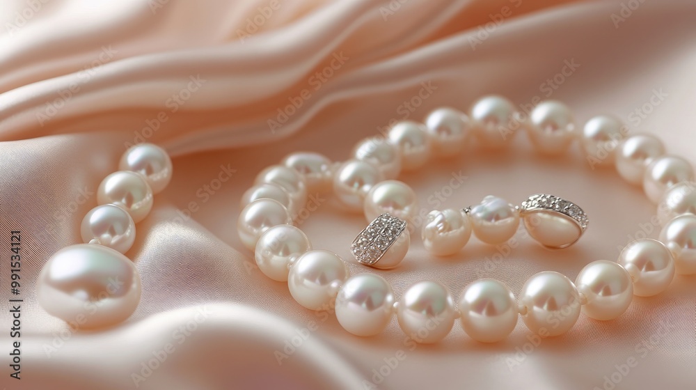 A set of pearl jewelry, including a necklace, earrings, and a bracelet, displayed on a soft satin surface, with light emphasizing the pearls' perfect roundness and shine.
