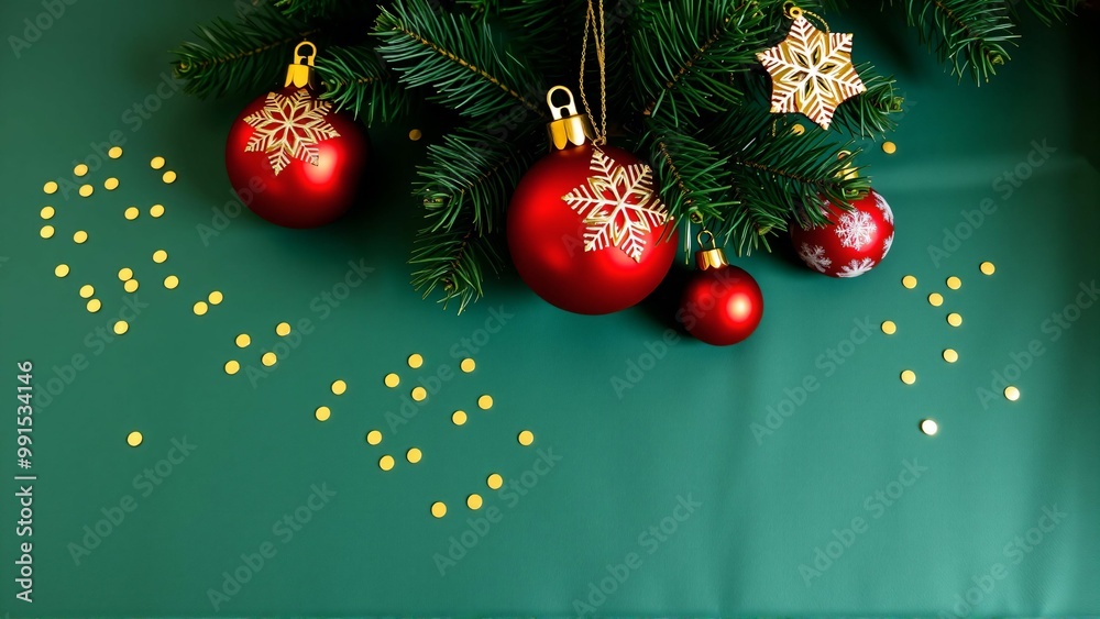Naklejka premium 深緑の背景にクリスマスツリー、松の枝、赤とゴールドのオーナメント、冬の装飾品と贈り物 Christmas Tree, Pine Branches, Red and Gold Ornaments, Winter Decorations, and Gifts on a Deep Green Background