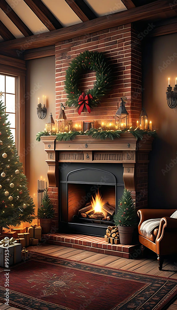 Old Western-style room decorated for Christmas with a Christmas tree, a brick fireplace and a sofa. Christmas image. Card design. クリスマスツリーとレンガ造りの暖炉とソファーのあるクリスマスの飾りをした古い洋室。クリスマスのイメージ。カードデザイン。 Old Western-style room decorated for Christmas with a Christmas tree, a brick fireplace and a sofa. Christmas image. Card design. クリスマスツリーとレンガ造りの暖炉とソファーのあるクリスマスの飾りをした古い洋室。クリスマスのイメージ。カードデザイン。