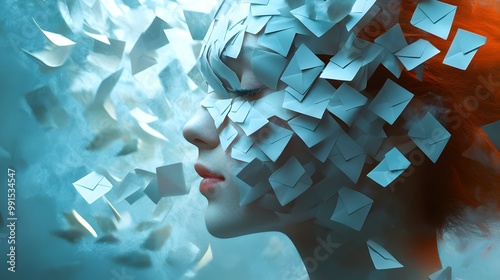 A person with paper emails growing out of their skin like scales, each one fluttering with unread notifications. photo