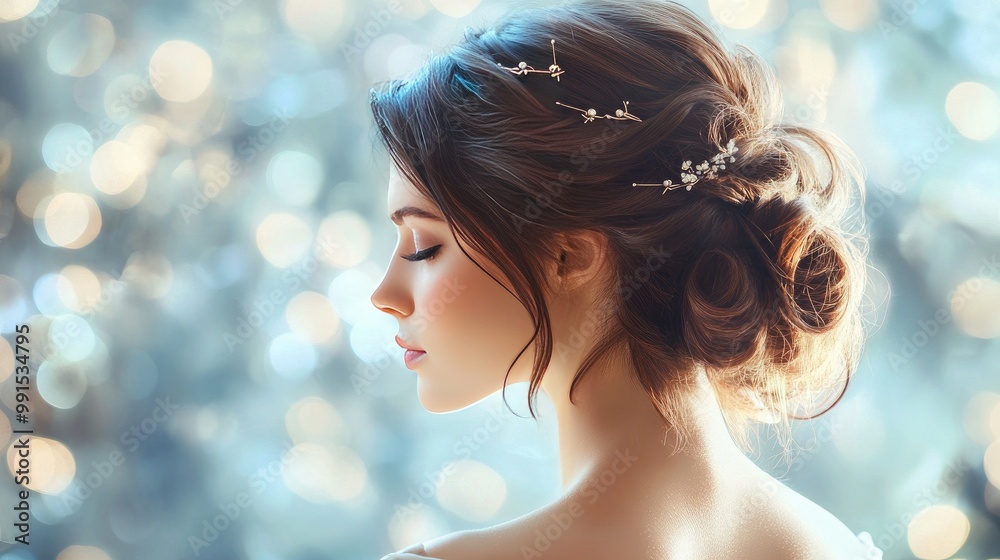 A side profile of a woman with a classic updo, showcasing elegant hairpins, perfect for formal occasions, with a soft-focus background enhancing her grace. A side profile of a woman with a classic updo, showcasing elegant hairpins, perfect for formal occasions, with a soft-focus background enhancing her grace.