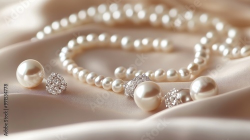 A set of pearl jewelry, including a necklace, earrings, and a bracelet, displayed on a soft satin surface, with light emphasizing the pearls' perfect roundness and shine.