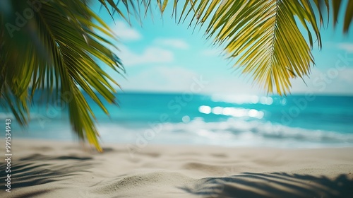 The leaves of palm trees on Sunny tropical beach  Summer vacation and tropical beach background concept : Generative AI