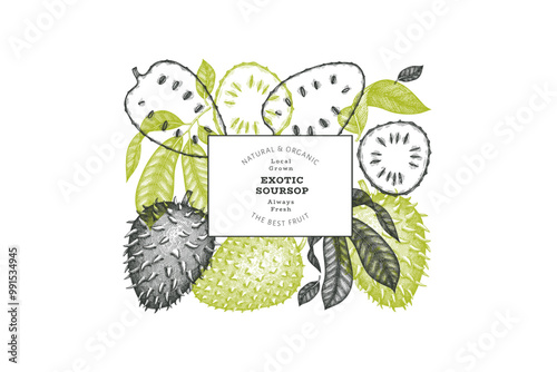 Hand drawn sketch style soursop fruit banner. Organic fresh fruit vector illustration. Retro guanabana design template