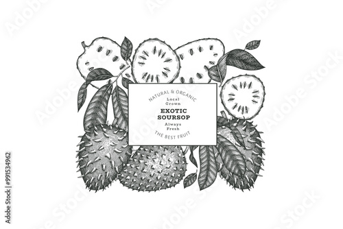 Hand drawn sketch style soursop fruit banner. Organic fresh fruit vector illustration. Retro guanabana design template