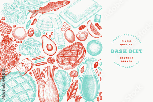 Dash Diet Design Template. Vector Hand Drawn Healthy Food Banner. Vintage Style Menu Illustration.