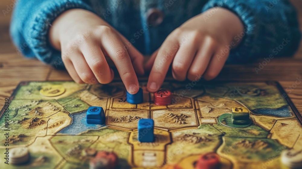 Fototapeta premium Children's hands are actively engaged as they strategize during the board game