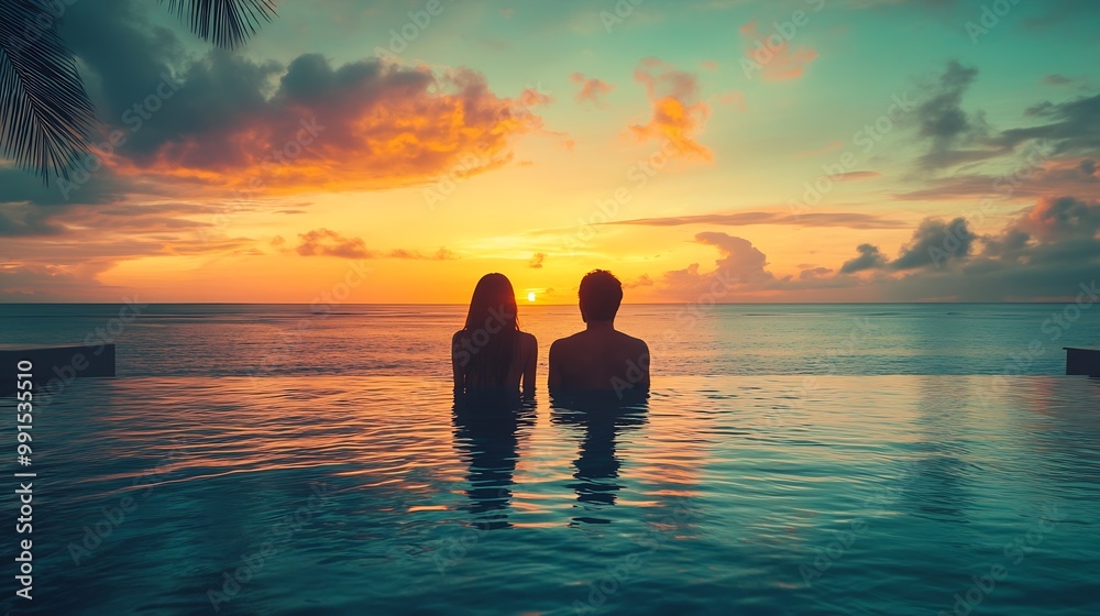 couple on the beach at sunset honeymoon travel man and woman sitting near swimming pool in hotel resort : Generative AI couple on the beach at sunset honeymoon travel man and woman sitting near swimming pool in hotel resort : Generative AI
