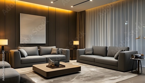 Cozy modern living room featuring gray sofas, a stylish coffee table, warm lighting, and inviting decor