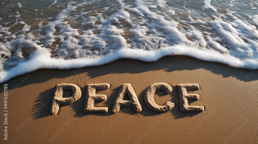 Fototapeta premium The word 'peace' written in the sand on a beach with ocean waves crashing in the background