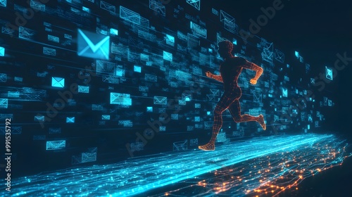 A figure running on a treadmill made of glowing email threads, never able to reach the end as more emails appear.