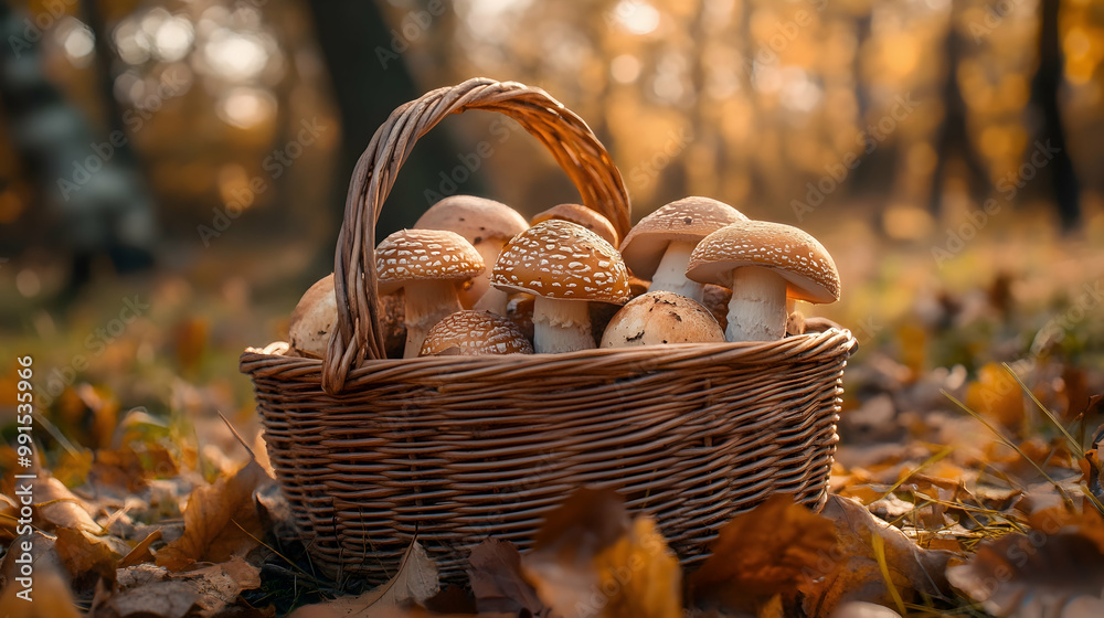 A wicker basket overflowing with mushrooms set amidst an autumn forest. Generative AI. A wicker basket overflowing with mushrooms set amidst an autumn forest. Generative AI.