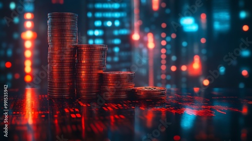 Double exposure image of coin stacks on technology financial graph backgroundEconomy trends background for business financial meltdown Cryptocurrency digital economy : Generative AI photo