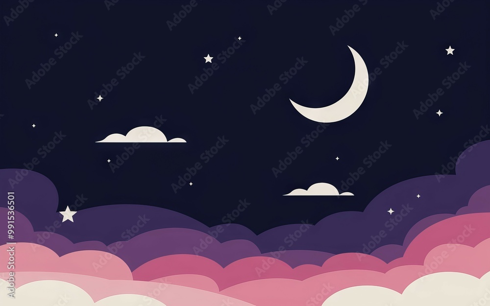 Obraz premium Night sky cloudscape. Dreamy night sky illustration with a crescent moon, stars, and fluffy pink and purple clouds. Perfect for backgrounds, posters, and social media.
