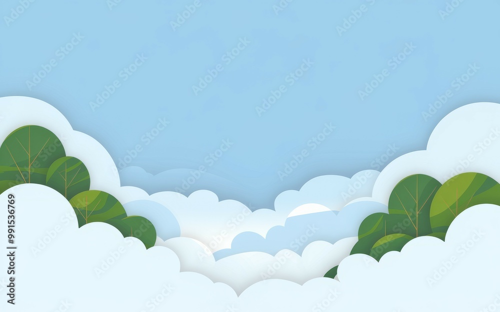 Obraz premium Papercut clouds & green. Papercut style illustration of white clouds with green foliage against a blue sky background. Ideal for nature, spring, and fresh start themes.