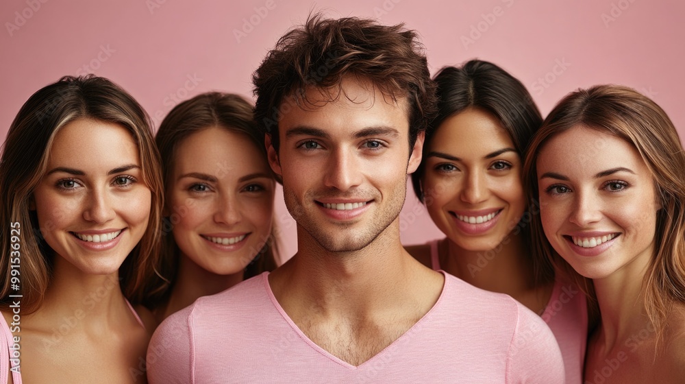 Obraz premium Young women and men unite in pink attire to promote breast cancer awareness and support