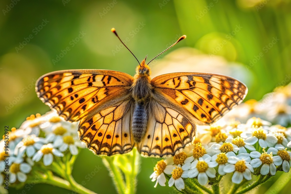 Fototapeta premium reflection, A close up photograph of a small pearl bordered fritillary butterfly Boloria selene perched on a yarrow flower with its beautiful iridescent wings reflected in the sunlight