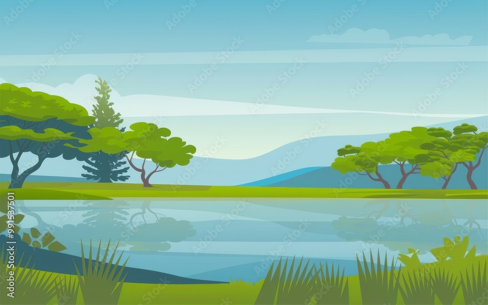 Peaceful lake landscape. Tranquil lake scene with lush trees, reflecting the blue sky and mountains. Idyllic scenery, serene and peaceful. Peaceful lake landscape. Tranquil lake scene with lush trees, reflecting the blue sky and mountains. Idyllic scenery, serene and peaceful.