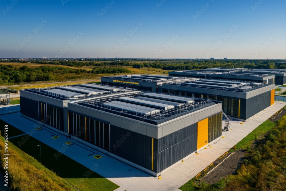 Aerial view of a photorealistic modern data center