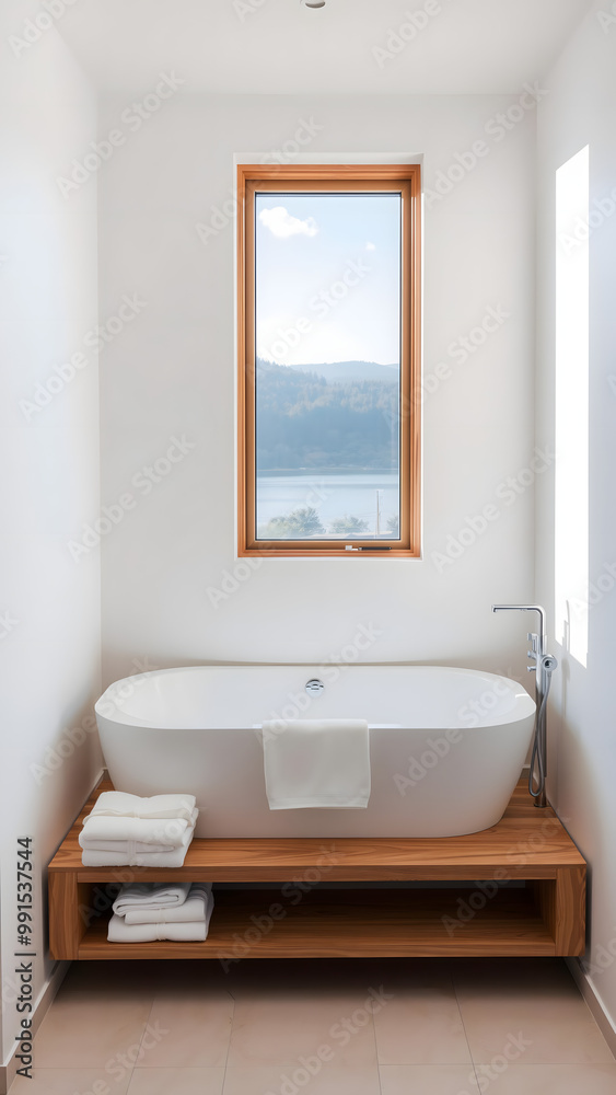 Modern bathroom with a freestanding tub and lake view during daylight Modern bathroom with a freestanding tub and lake view during daylight