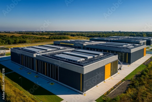 Aerial view of a photorealistic modern data center photo