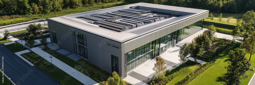 Photorealistic drone view of a modern industrial data center