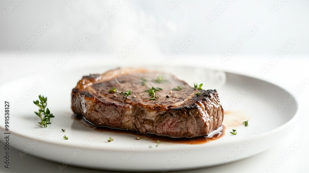 A steak searing on a white plate, with smoke rising and a few fresh herbs sprinkled on top, creating a dynamic and appetizing image against a white background. A steak searing on a white plate, with smoke rising and a few fresh herbs sprinkled on top, creating a dynamic and appetizing image against a white background.