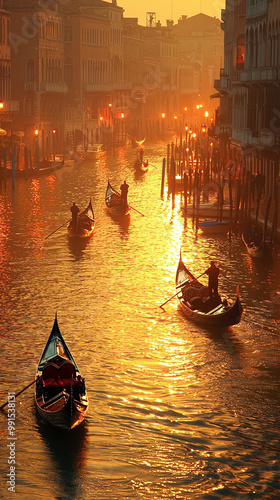 Serene Gondola Rides on Venice Canals at Sunset with Vibrant Reflections and Historic Cityscape