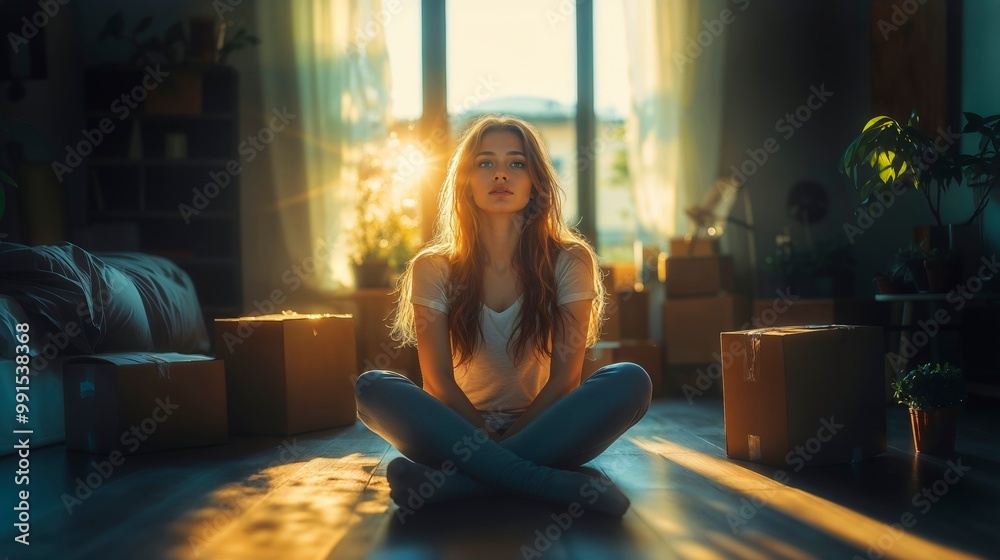 Woman meditating in a sunlit room with a peaceful atmosphere