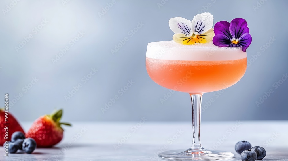 A close-up of a cocktail garnished with edible flowers and fresh fruit, capturing the intricate details against a simple, soft background. 