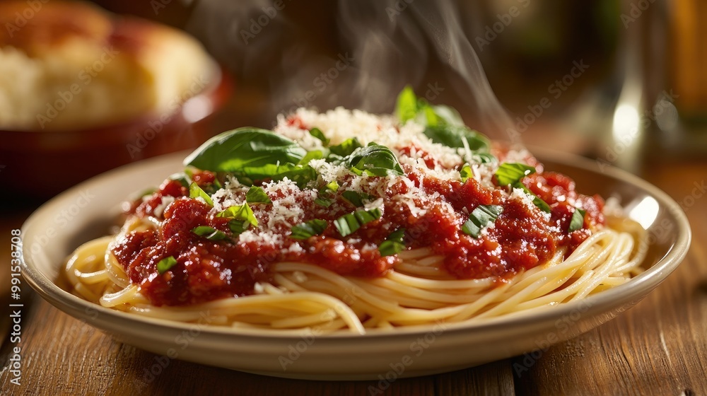 A steaming plate of spaghetti topped with rich marinara sauce, fresh basil, and grated Parmesan cheese, beautifully arranged on a rustic wooden table. A steaming plate of spaghetti topped with rich marinara sauce, fresh basil, and grated Parmesan cheese, beautifully arranged on a rustic wooden table.