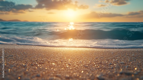 Summer background image of tropical beach with blurred horizon at sunset Light sand of beach against backdrop of sparkling ocean water Natural seascape : Generative AI