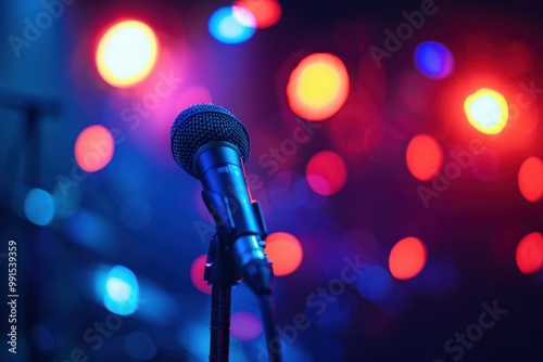 A microphone is pointed at a colorful background, generative ai image