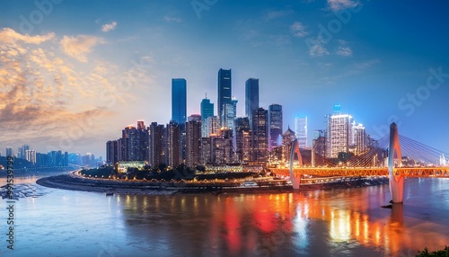 Panoramic skyline and modern commercial buildings in Chongqing at night, China.