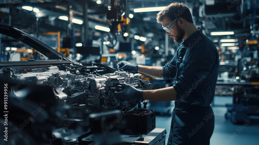 A mechanic works on a complex engine assembly in a well-lit automotive workshop, showcasing precision and technical skill. A mechanic works on a complex engine assembly in a well-lit automotive workshop, showcasing precision and technical skill.