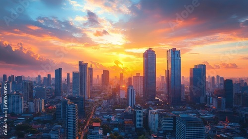A stunning skyline view of towering skyscrapers against a vibrant sunset, capturing the bustling energy of a city center filled with life and activity.
