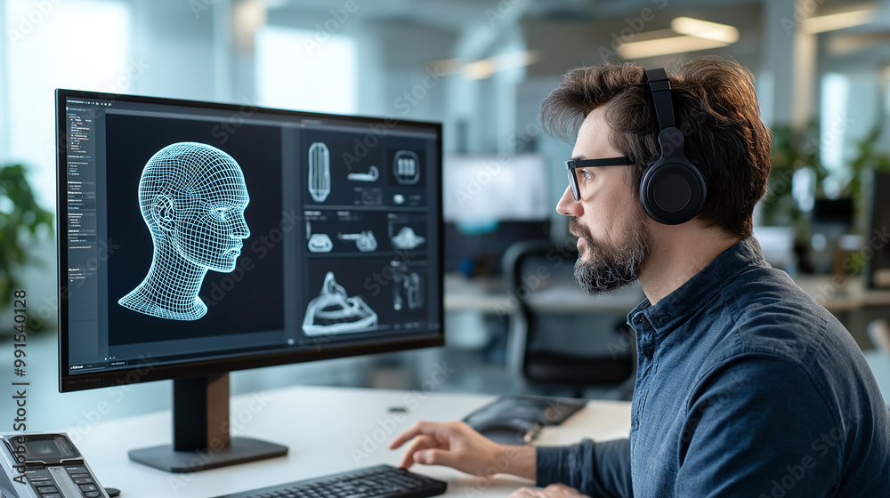 A product designer collaborating with AI, focused on 3D modeling and simulation, showcases creativity and innovation in modern workspace A product designer collaborating with AI, focused on 3D modeling and simulation, showcases creativity and innovation in modern workspace