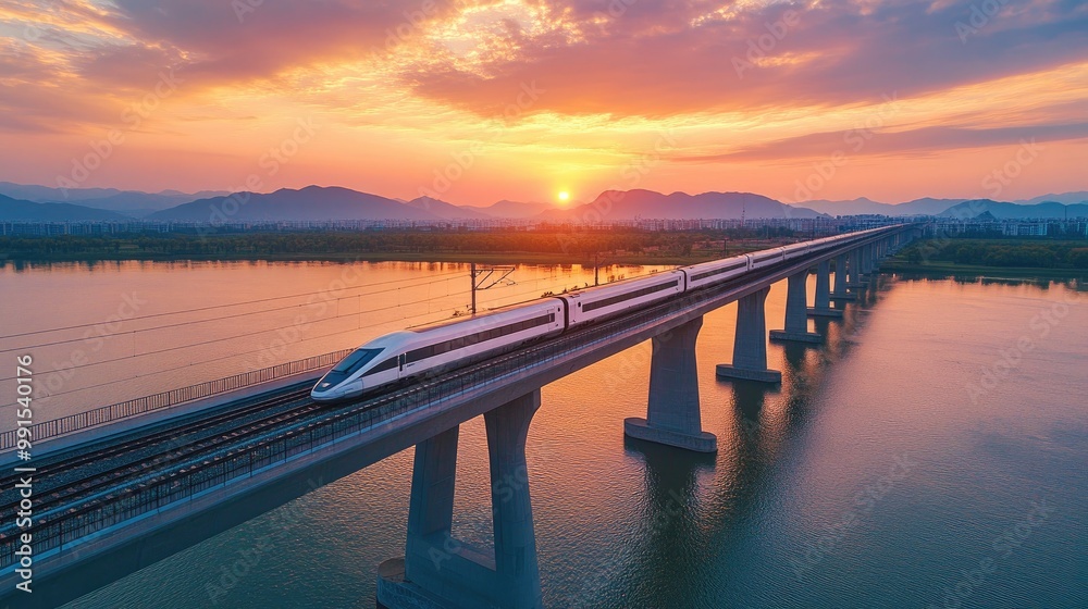 Obraz premium A stunning sunset view of a high-speed train crossing a bridge, with vibrant colors reflecting off the water, creating a picturesque travel scene.