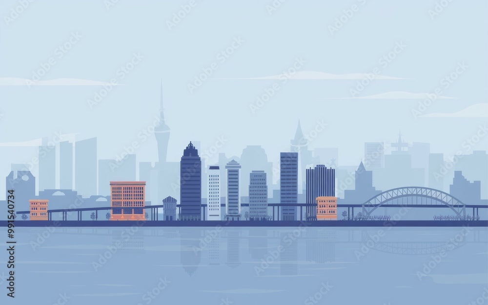 Modern city skyline. City skyline with skyscrapers, a bridge, and a river. The scene evokes a sense of progress and prosperity. Modern city skyline. City skyline with skyscrapers, a bridge, and a river. The scene evokes a sense of progress and prosperity.