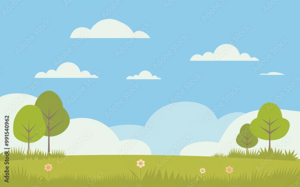 Green field landscape. Tranquil grassy field with trees, flowers, and a clear blue sky, ideal for backgrounds, presentations, and designs. Green field landscape. Tranquil grassy field with trees, flowers, and a clear blue sky, ideal for backgrounds, presentations, and designs.