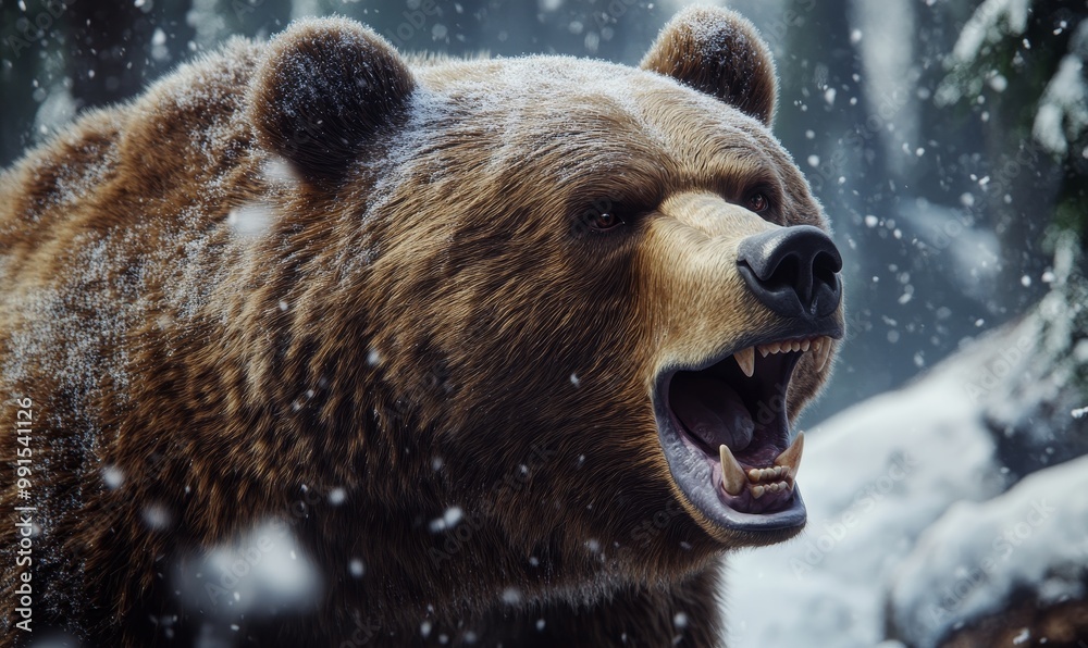 Fototapeta premium A brown bear growls in the snow.