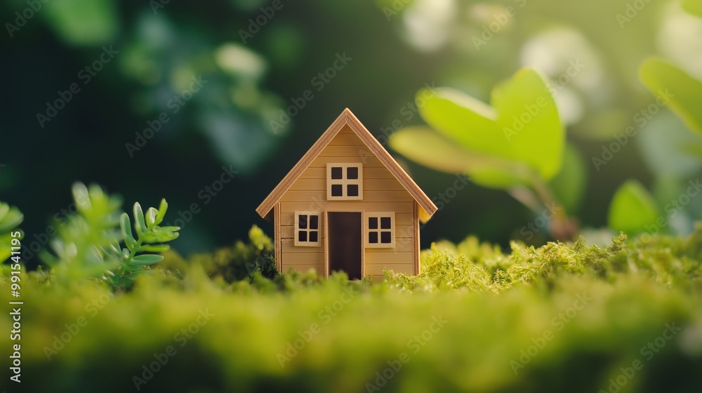 A miniature wooden house surrounded by vibrant greenery in a lush garden at sunrise, symbolizing tranquility and nature. A miniature wooden house surrounded by vibrant greenery in a lush garden at sunrise, symbolizing tranquility and nature.