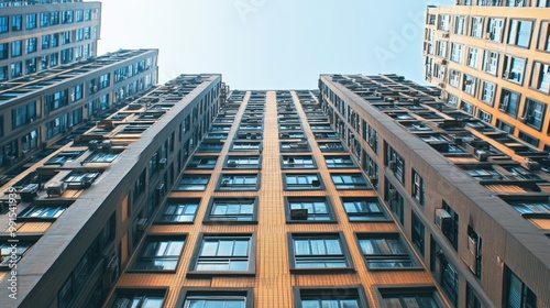 Close-up of the upper floors of a high-rise building with a clear background above for text. -