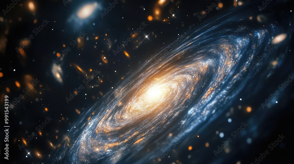 Obraz premium Gravitational lensing effect bending light around a massive galaxy