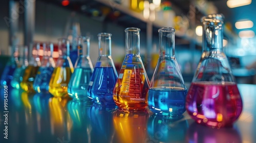 A row of beakers filled with colorful liquids, reflecting on a chrome surface in a laboratory.