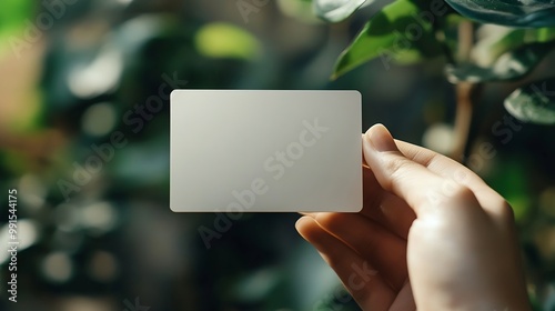 Hand holding blank white credit card mockup isolated Empty plastic card mock up hold in arm Clear surface bank card with gold emboss numbers Debit card concept design presentation gold : Generative AI